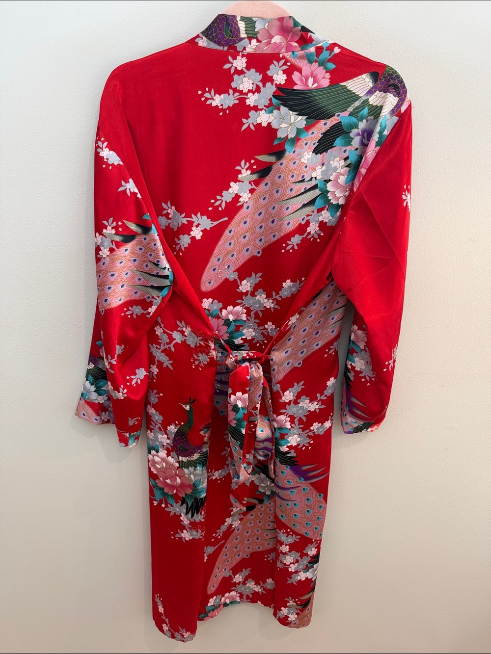 Red Floral Satin Tie-Front Kimono Robe